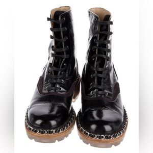 Chanel Brown Black Lace-Up chain Combat Boots